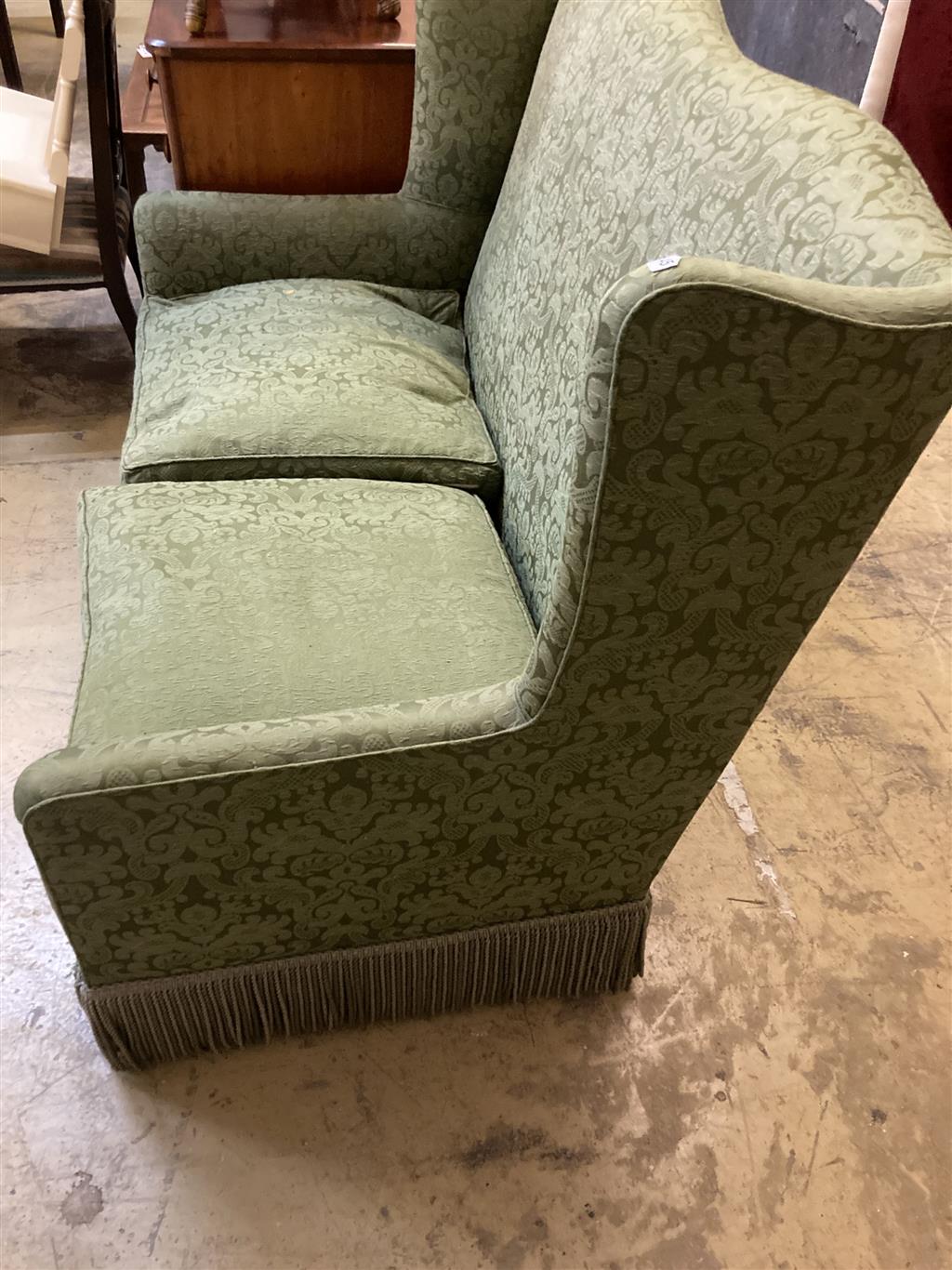 A green damask two seater sofa, width 135cm, depth 70cm, height 100cm